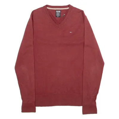 TOMMY HILFIGER Mens Jumper Red V-Neck 90s Tight Knit M