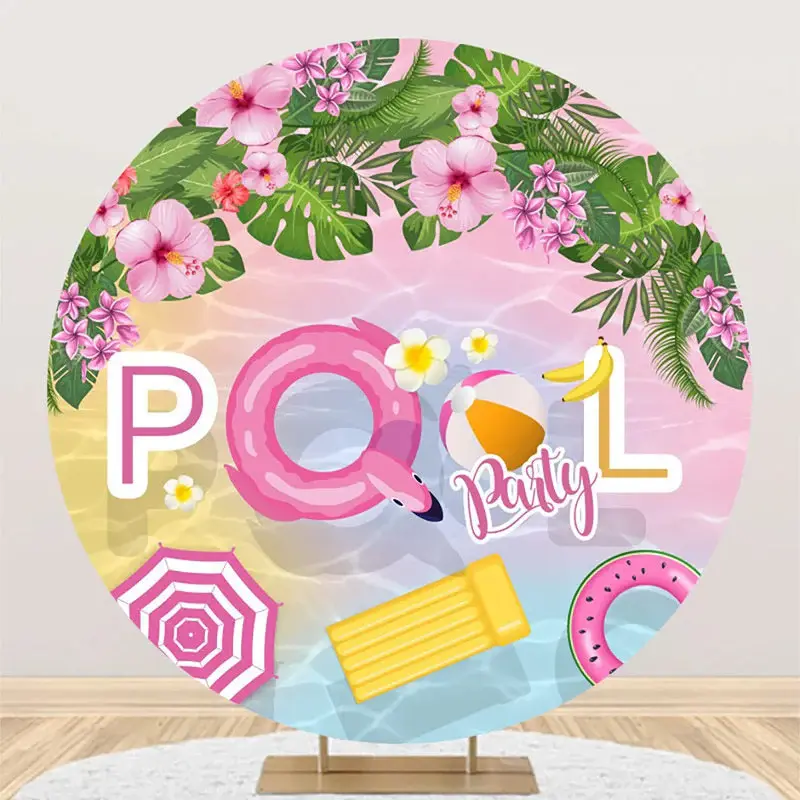 Pink Floral Plant Summer Round Pool Party Backdrop - Aperturee
