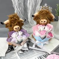 Highland Cow Plush Toy with Artificial Rose Bouquet, 1 Set Cute Plush Toy, Home Decor Ornament, Gift for Your Love, Stuffed A...