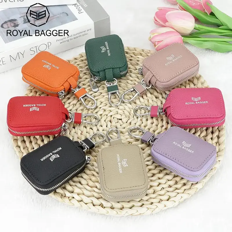 Royal Bagger Mini Portable Zipper Earphone Bags Genuine Leather Small Key Wallet with Keychain Fashion Simple Headphone Bag 2...