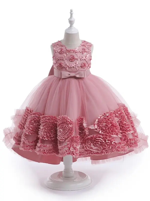 Girl's Appliques Bow Decor Contrast Mesh Dress, Elegant Contrast Sequin Round Neck Dress for Party, Evening Party Pageant Pro...