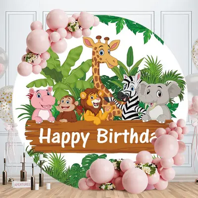 Aperturee Jungle Forest And Cute Animals Birthday Circle Backdrop | Round Backdrop Fabric Cover | Round Birthday Backdrop Cov...