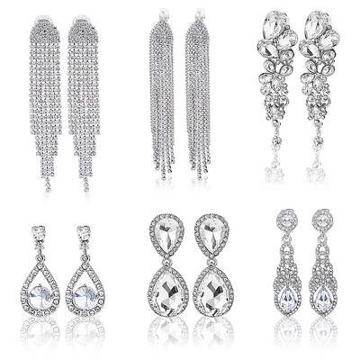 6 Pairs 6 Style Alloy Rhinestone Teardrop Dangle Clip-on Earrings