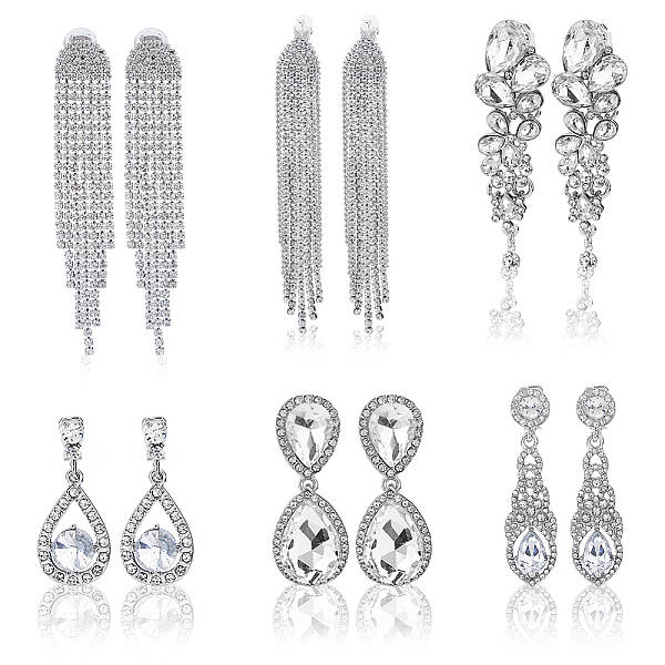 6 Pairs 6 Style Alloy Rhinestone Teardrop Dangle Clip-on Earrings