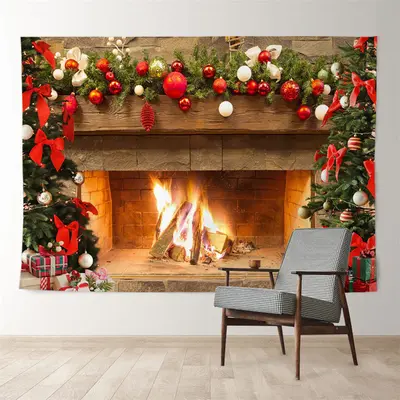 Aperturee Xmas Warm Fireplace Red Bauble Family Backdrop