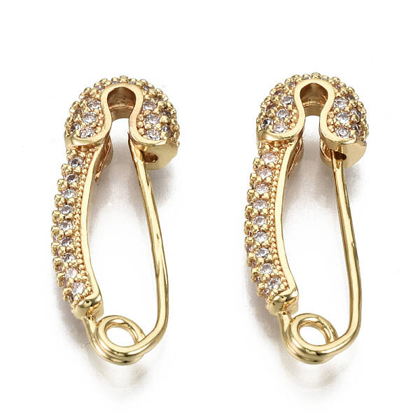 Brass Micro Pave Clear Cubic Zirconia Safety Pin Earrings