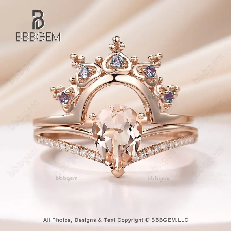 Classic Morganite Engagement Engagement Ring Set Alexandrite Rose Gold Band