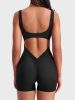 Women's Solid Cut Out Ruched Backless Sports Romper, One-piece Sports Tank Top, Solid Sleeveless Square Neck Romper for Yoga ...