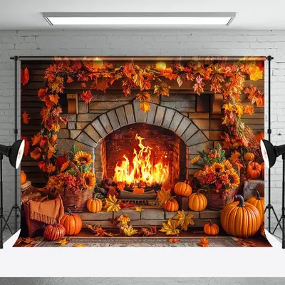 Thanksgiving Fireplace Maple Leaf Autumn Backdrop