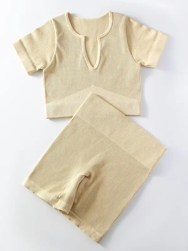 Two-Piece Set Women's Solid Notched Neck Crop Top & High Waist Shorts Tracksuit Set, Sporty Casual Seamless Tight-fitting Top...