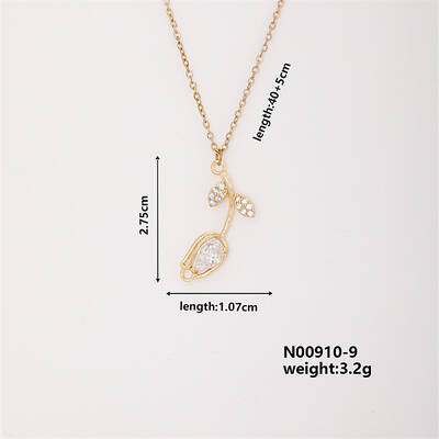 Elegant Vintage Tulip Brass Micro Pave Cubic Zirconia Pendant Necklaces