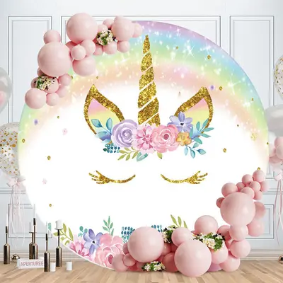 Aperturee Colored Flower Unicorn Round Happy Birthday Backdrop | Circle Background For Party | Custom Round Backdrop | Round ...