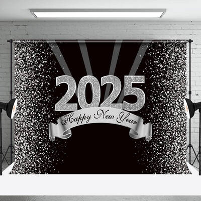 Aperturee Black Silver Glitter 2025 Happy New Year Backdrop