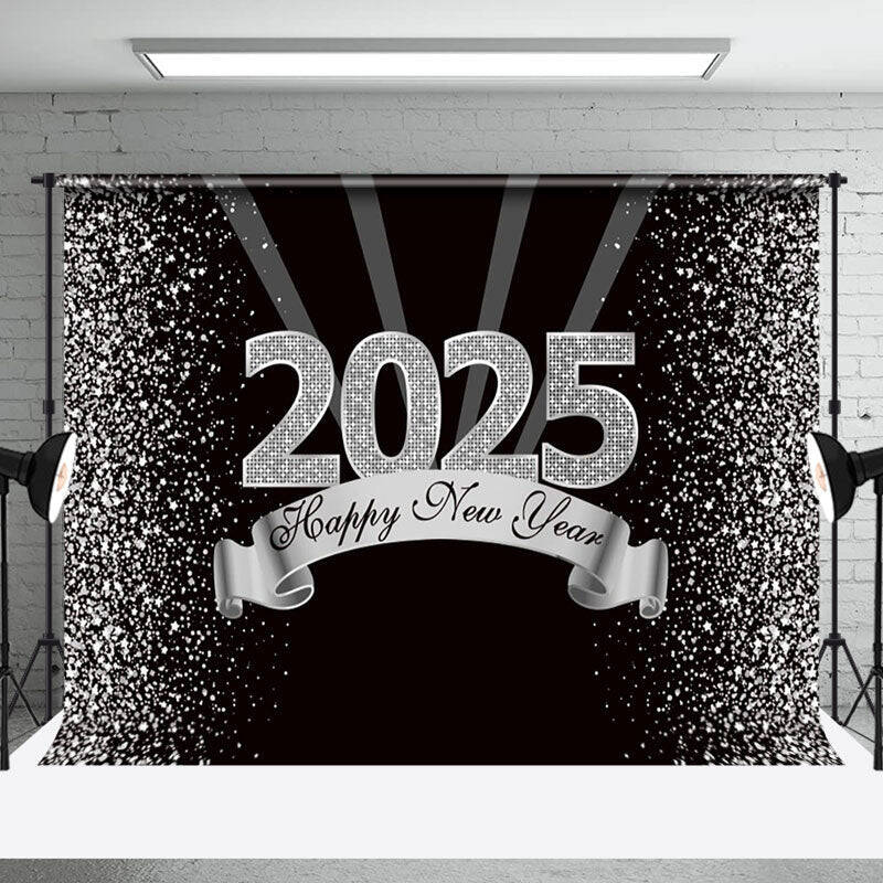 Aperturee Black Silver Glitter 2025 Happy New Year Backdrop
