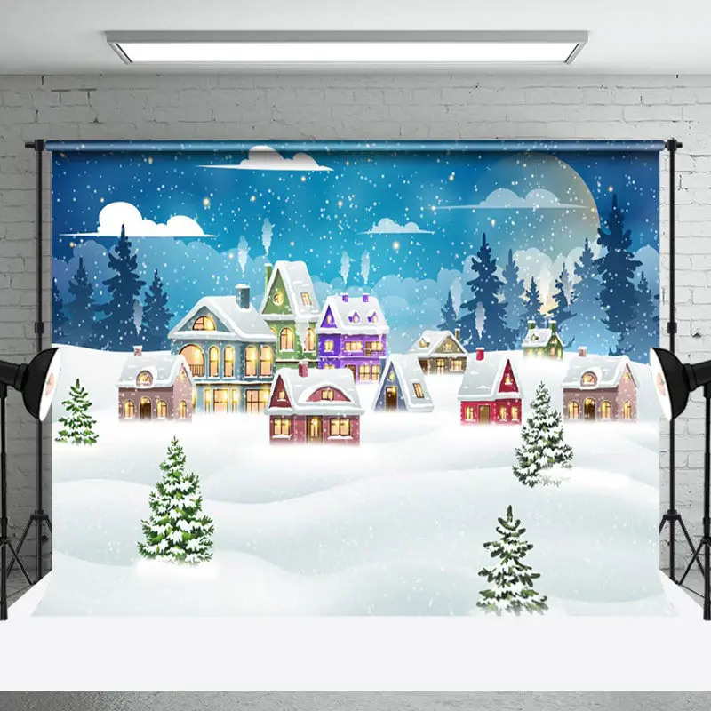 Aperturee Moon Night Cloud Snowy Cute Town Christmas Backdrop - Aperturee