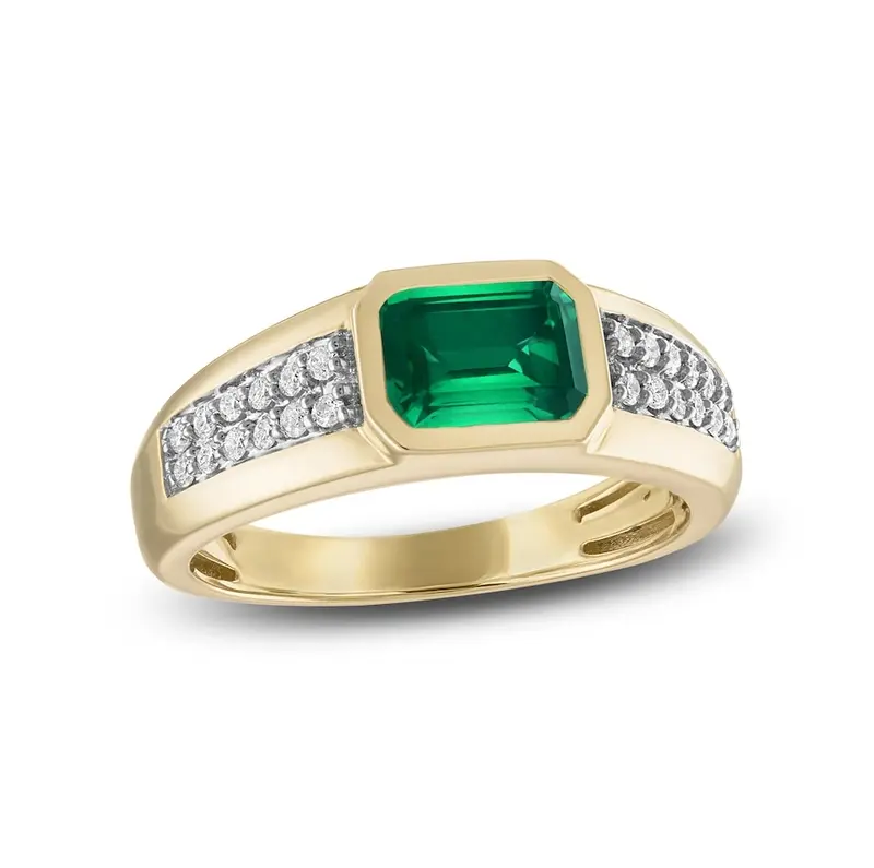 10K Gold Emerald Cut Emerald & 0.2 CT.T.W. Diamond Engagement Band for Men