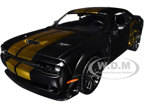 2018 Dodge Challenger SRT Hellcat Widebody Matt Black with Gold Stripes and Graphics Midnight Eclipse Series 1/24 Diecast M...