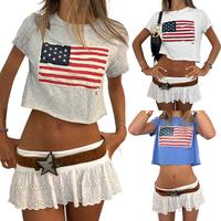 Women 4th Of July T-shirt, Short Sleeve Crew Neck Flag Print Ladies Crop Top Summer Tops For Casual Daily