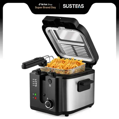 SUSTEAS 1.6 Quart Deep Fryer 1500W with Temperature Control, Removable Lid, 2.5L Non-Stick Inner Pot, and Easy to Clean Desig...
