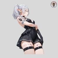 Frieren Waifu Vinyl Sticker with Elegant Tattoos, Black Dress Laptop and Notebook Decor