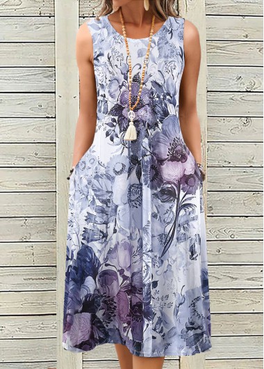 Modlily Dusty Purple Breathable Floral Print A Line Sleeveless Dress - L