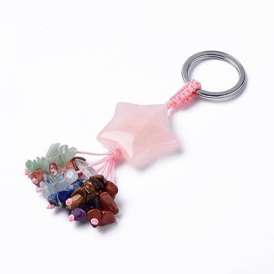 Rose Quartz Star with Mixed Gemstone Chips Beaded Tassel Keychains