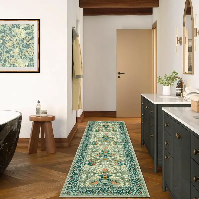 Garvee Kitchen Runner Rug 2x6 Floral Non Slip Washable Faux Wool Low Pile Stain Resistant Green Entryway Office Mat