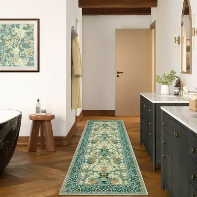 Garvee Kitchen Runner Rug 2x6 Floral Non Slip Washable Faux Wool Low Pile Stain Resistant Green Entryway Office Mat