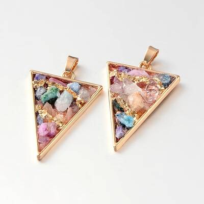 Dyed Triangle Golden Tone Brass Natural Crystal Pendants