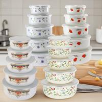 Floral Fruit Pattern Enamel Food Storage Bowl, 5pcs/set Sealed Preservation Bowl with Lid, Portable Tableware Lunch Box, Food...
