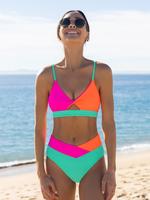 Two-piece Set Lgbtq+ Women's Colorblock Patchwork Lace Up Design Criss Cross Twist Bikinis Set, Cut Out Spaghetti Strap Tie B...