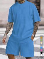 KZZ vacation outfits Two-Piece Set Men's Solid Textured Drop Shoulder Short Sleeve Tee & Drawstring Waist Shorts Set, Spring ...