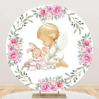 White Pink Floral Leaves Bunny Angel Baby Backdrop