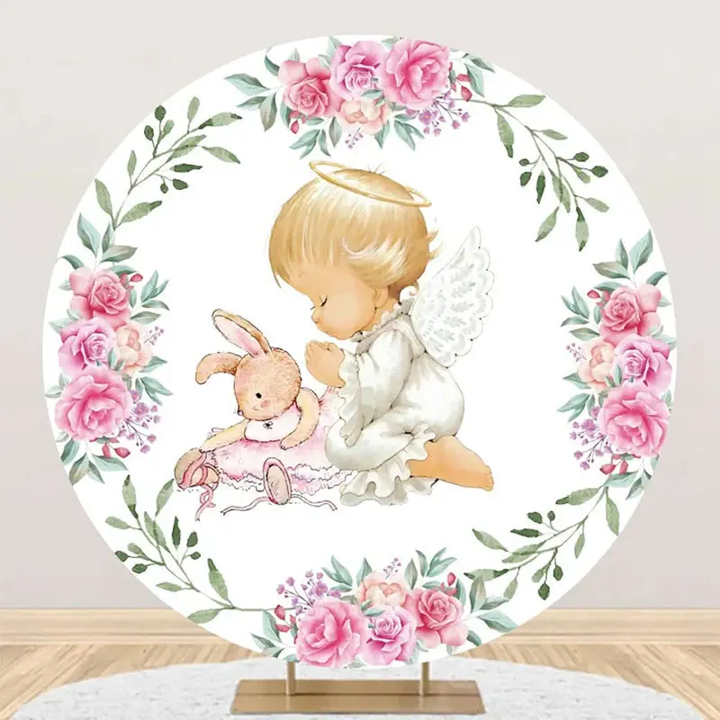 White Pink Floral Leaves Bunny Angel Baby Backdrop