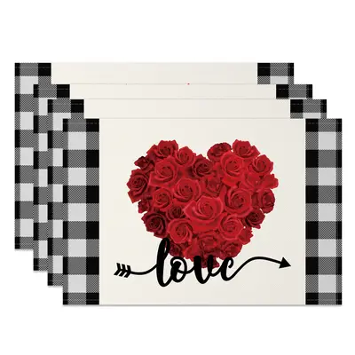 Aperturee Red Rose Heart Love Valentines Day Set Of 4 Placemats, 14x12 Inch, 15.8 USD, NYJY00383-S, placemats
