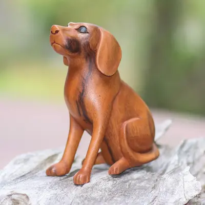 NOVICA Loyal Dog Artisan Handcrafted Suar Wood Dog Sculpture from Bali