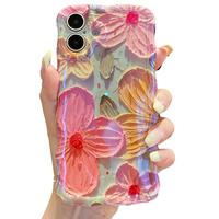Colorful Oil Painting Case for iPhone 16 15 14 13 12 11 Pro Max 16 Plus with Flower Pattern Cute Curly Wave Frame Phone Case ...