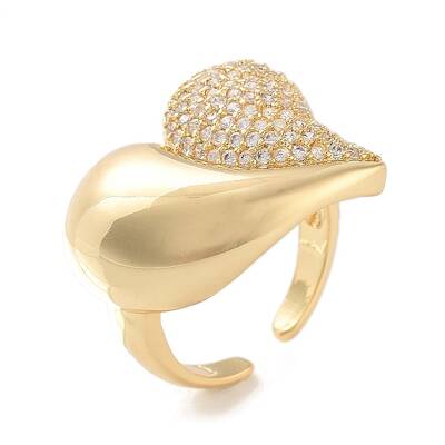 Brass Micro Pave Clear Cubic Zirconia Heart Open Cuff Ring for Women