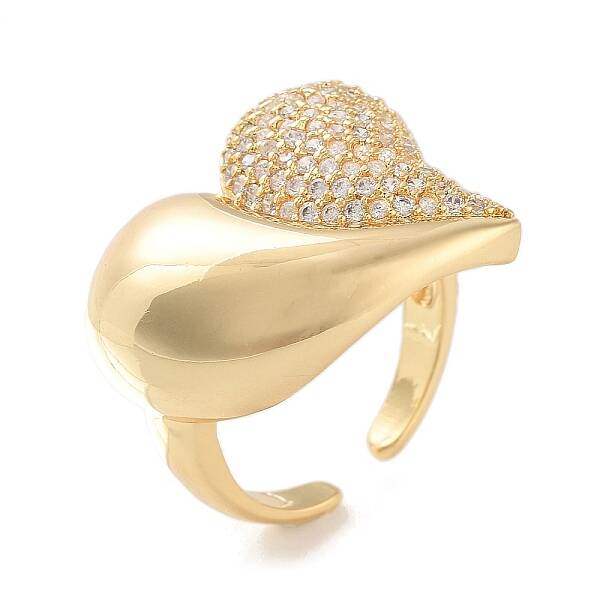 Brass Micro Pave Clear Cubic Zirconia Heart Open Cuff Ring for Women