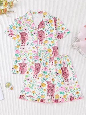 2 Pieces Of Girls' Red Yak Print Short Sleeved Shorts and Pajamas Set with Buttons on The Top and Elastic Waistband, Suitable...