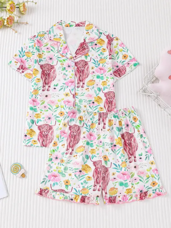 2 Pieces Of Girls' Red Yak Print Short Sleeved Shorts and Pajamas Set with Buttons on The Top and Elastic Waistband, Suitable...