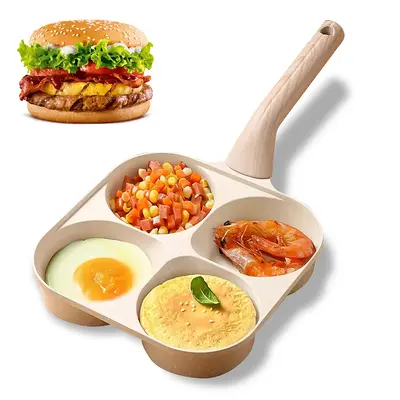 Non-stick Egg Frying Pan, 4 Holes Skillet With Handle, Multifunctional, Wooden Handle Omelet Non-stick Cookware Frying ...