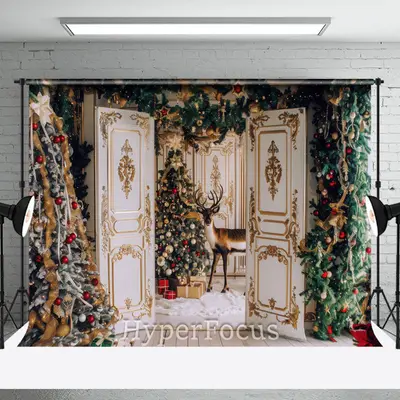 White Gold House Trees Elk Christmas Vibe Backdrop - Aperturee