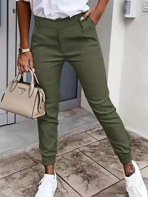 Women's Solid Elastic Waist Pants, Casual Pocket Design Trousers for Daily Outdoor Wear, Women's Bottoms for All Seasons
