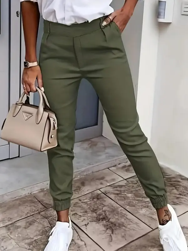 Women's Solid Elastic Waist Pants, Casual Pocket Design Trousers for Daily Outdoor Wear, Women's Bottoms for All Seasons