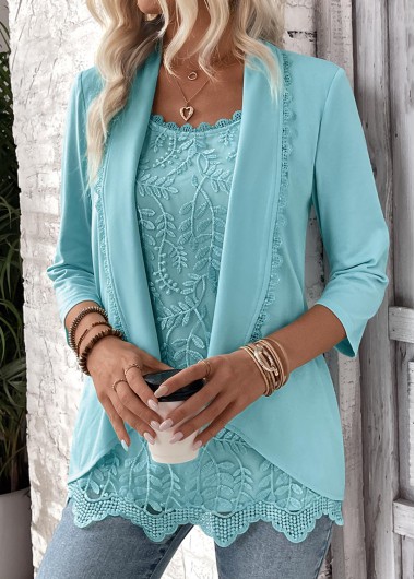 Modlily Mint Green Lace 3/4 Sleeve Fake Two Piece Twinset - XL
