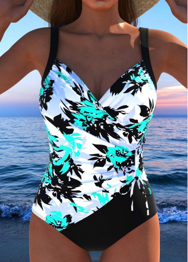 Modlily Drawstring Floral Print Cyan One Piece Swimwear - XXL