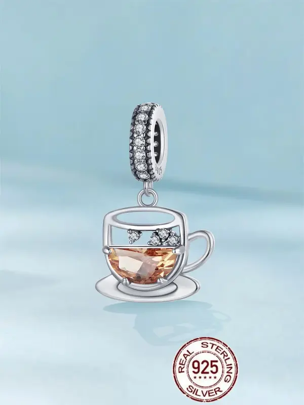 S925 Sterling Silver Hollow Coffee Cup Design Pendant, Fashionable Artificial Zircon Decorated Pendant, DIY Jewelry Accessori...
