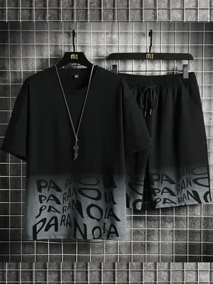Two Counts Men's Personalized Ombre Letter Print Shorts Set without Necklace, Regular Fit Crew Neck Short Sleeve Tee & Drawst...