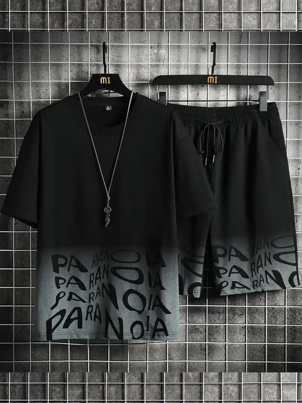 Two Counts Men's Personalized Ombre Letter Print Shorts Set without Necklace, Regular Fit Crew Neck Short Sleeve Tee & Drawst...